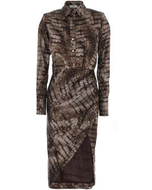 Elisabetta Franchi Long Dress Ab89261E2644 With Classic Collar And All-Over Print - Brown