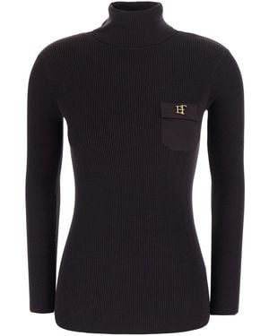 Elisabetta Franchi Jumper With High Collar And Ajour Details - Black