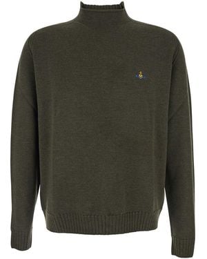 Vivienne Westwood Crew Neck Jumper With Orb Logo Embroidered On The Front - Green