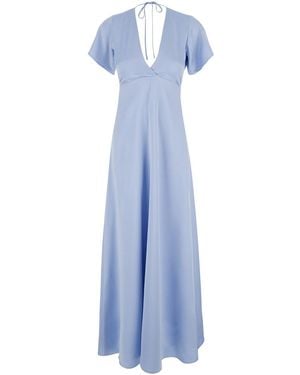 Plain Long Dress With Bow - Blue