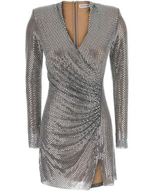 Self-Portrait Mini Dress With Draping And Mesh, Tech Fabric, Wom - Grey