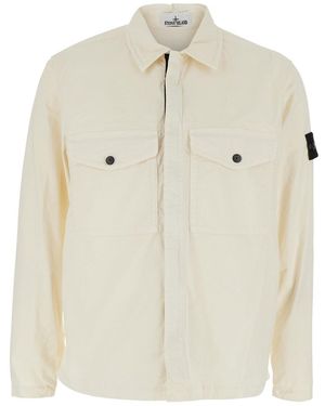 Stone Island Shirt With Classic Collar And Logo Patch On The Sle - Natural