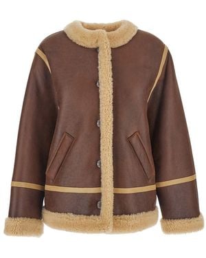 Celine Shearling Jacket With Round Neck And Side Pockets - Brown