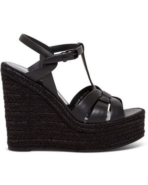 Saint Laurent Tribute Leather Espadrille Wedge Sandals - Black