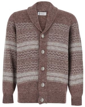 Brunello Cucinelli Cardigan With V-Neck And Striped Motif - Brown