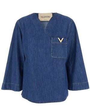 Valentino V-Neck Blouse With Vlogo Plaque On The Front - Blue