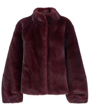 Plain Fur Jacket With High Neck And Concealed Front Closure I - Red