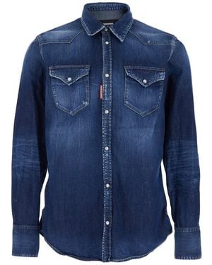 DSquared² Long-Sleeved Shirt With Classic Collar And Two Front Pockets - Blue