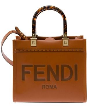 Fendi 'Sunshine Small' Tote Bag With Embossed Logo And Tortoiseshell Handles - Brown