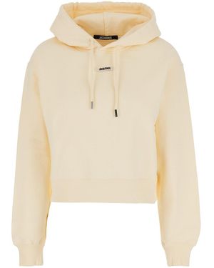 Jacquemus 'Le Hoodie Gros Grain' Cropped Hoodie With Drawstring Hood And Logo Patch On The Front - Natural