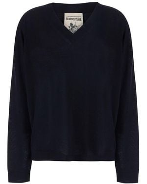 Semicouture Jade V Neck Thin Wool Pull With V-Neck And Long Sleeves In - Blue