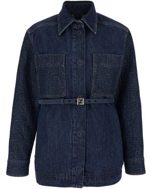 Fendi Jacket With Pointed Collar And Waist Belt With Ff Plaque - Blue