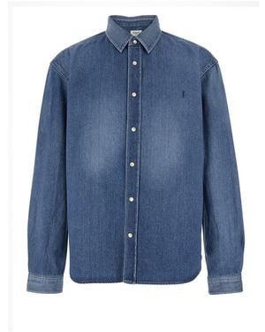 Saint Laurent Denim Long Sleeve Shirt With Front Logo For - Blue