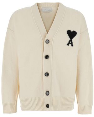 Ami Paris V Neck Cardigan Con Ami De Coeur - Neutro
