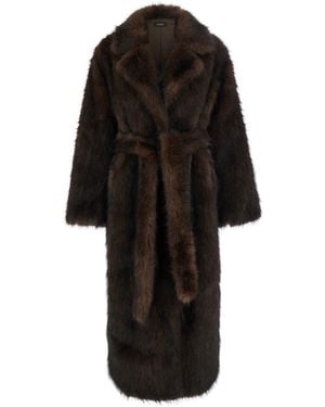Le Plain Long Synthetic Fur Coat With Pockets And High Collar, Ma - Black