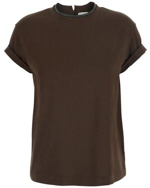 Brunello Cucinelli Crew Neck T-Shirt With Monil Detail On The Co - Brown