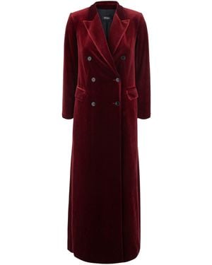 Le Plain Burgundy Velvet Double-Breasted Coat With Pockets - Red