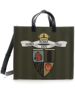 Fendi Shopper With Vertical Stripes Motif And Club Patch On The Front - Black