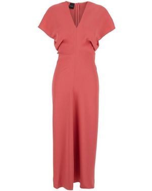 Plain Dress With V Neck And Short Sleeves - Red