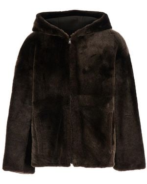 Yves Salomon Shearling Jacket With Fixed Hood - Black