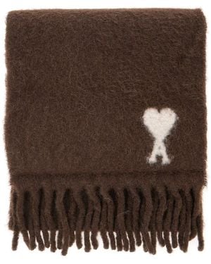 Ami Paris Alpaca And Wool Scarf With Ami De Coeur Jacquard Unise - Brown
