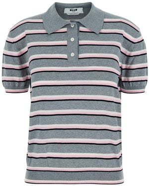 MSGM Polo Shirt With Ribbed Details And All-Over Striped Motif In - Gray