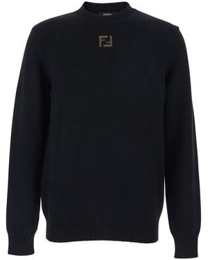 Fendi Crewneck Sweater With Ff Embroidery On The Front - Blue