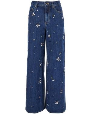 Self-Portrait Jeans Con Decorazione Con Cristalli E Gamba Ampia - Blu
