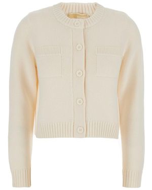 MICHAEL Michael Kors Wool Crewneck Cardigan With Ribbed Trims - White