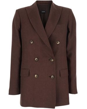 Plain Double-Breasted Jacket With Peak Revers - Brown