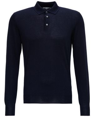 GAUDENZI Long Sleeve Wool And Silk Polo With Classic Collar And L - Blue
