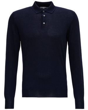 GAUDENZI Long Sleeve Wool And Silk Polo With Classic Collar And L - Blue