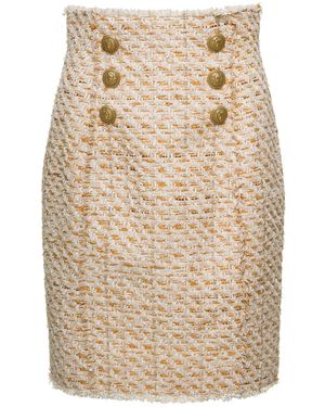 Balmain Tweed Skirt With Front Golden Buttons - Natural