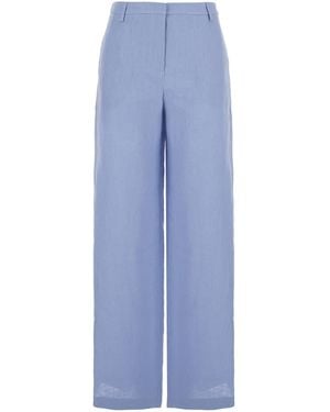 Plain Wide Leg Linen Trousers - Blue
