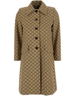 Gucci Coat Gg Canvas With Pointed Collar - Natural