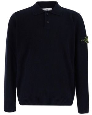 Stone Island Polo Ls With Collar And Long Sleeves - Blue