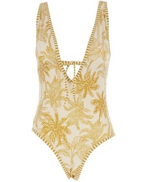 Eres Voyage One-Piece Swimsuit With V-Neck And All-Over Floral Print - Metallic
