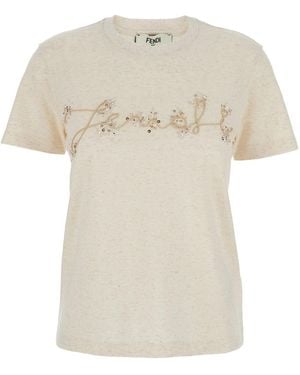 Fendi T-Shirt Girocollo Con Ricamo Logo Sul Fronte E Dettaglio Con Pai - Bianco