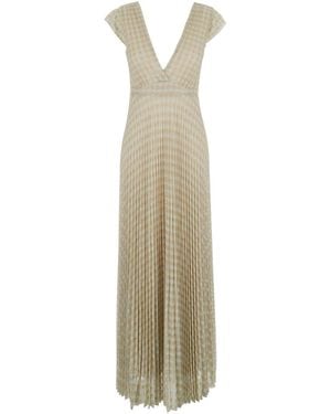 forte_forte Colour Long Dress With Deep V-Neck And All-Over Pl - White