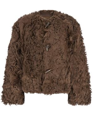Plain Collarless Fur Jacket With Front Toggle Closure - Brown