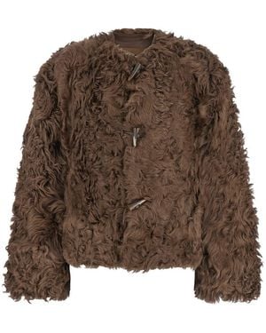 Plain Collarless Fur Jacket With Front Toggle Closure - Brown