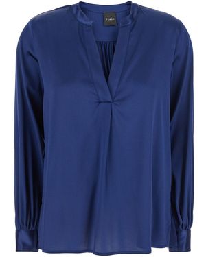 Plain Blouse With V Neck And Buttoned Cuffs - Blue