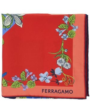 Ferragamo Scarf With Floral Print And Logo Lettering - Red