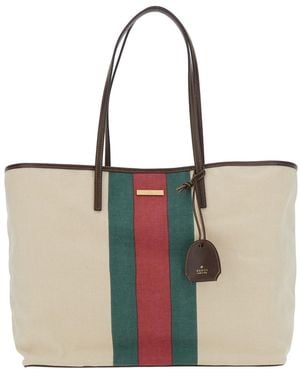 Gucci Borsa Shopping Con Nastro Web E Placca Logo Sul Fronte - Bianco