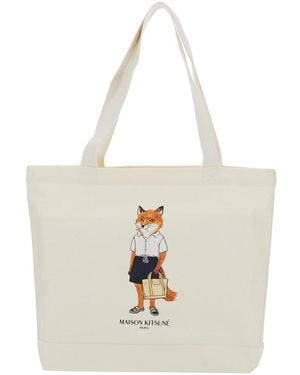 Maison Kitsuné Dressed Fox Tote Cotton Shoulder Bags - White