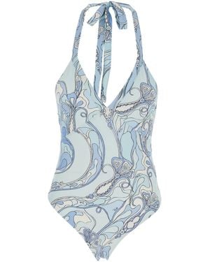 PUCCI Costume Intero Con Chiusura Con Lacci Al Collo E Stampa Orchidea - Blu