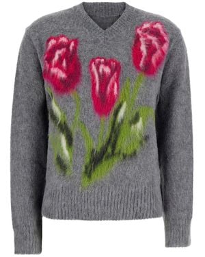 Maison Margiela V-Neck Wool-Blend Jumper Tops - Grey