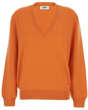 Fendi Oversize Jumper With V Neck And Logo Lettering Embroidery On The Front - Orange