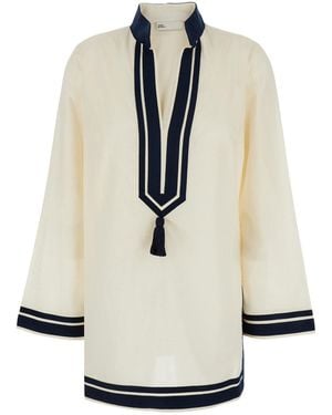 Tory Burch Caftan With Contrasting Details And Tassel - White