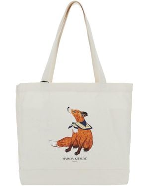 Maison Kitsuné Dreaming Fox Tote Bag With Print On The Front Cotton For Shoulder - White
